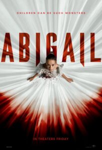 A chilling movie poster for "Abigail," featuring a spooky design with a mysterious figure in the shadows.