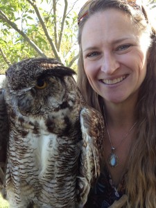 Pamela Flick with great horned owl - photo courtesy YAAS