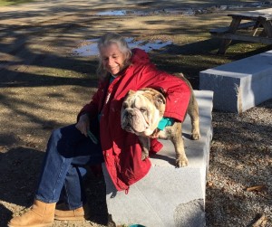 Betty Fisher and bulldog 'Larri,' Raymond Community Park, December 2015 - photo by Bill Ritchey
