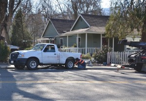 Ford pickup takes out fence at Oakhurst Smiles - photo by Gina Clugston