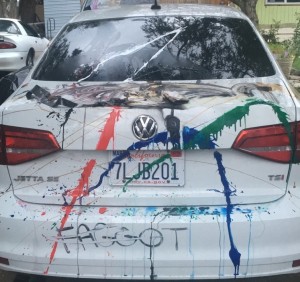 Victor Salazar's car with Faggot painted on it - photo courtesy Victor Salazar