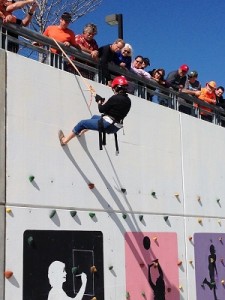 SAR trainee Maricella Davis on ropes training on climbing wall at Minarets HS - photo courtesy Brenda Perreira
