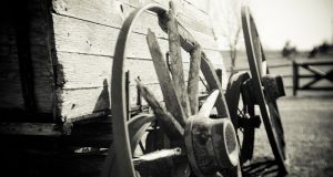 Image of old west wagon wheels.