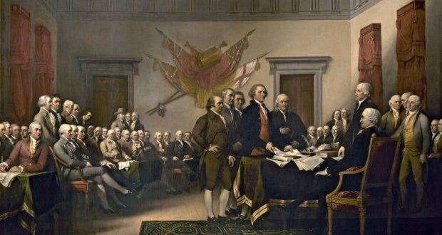 Image of John Trumbull's painting of the Declaration of Independence.