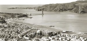 Image of the Golden Gate Bridge with the Palace of Fine Arts in the background. 