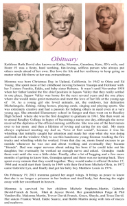 Image of the obituary for Kathleen Ruth David.