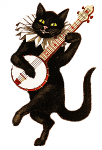 Image of a black cat playing the banjo. 