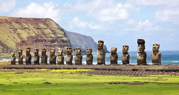 Image of A Group Of Moai Facing Inland.