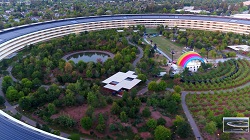 Image of Interior Courtyard Of The Spaceship Building Including Rainbow Stage.