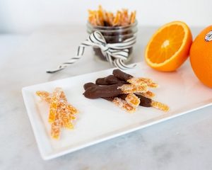 Image of a Chocolate Dipped Candied Orange Peels.