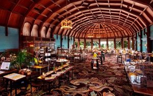 Image of the vaulted ceiling in the dining room at the Angled View Hotel Del Coronado.