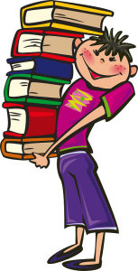 Image of a boy carrying a stack of books. 