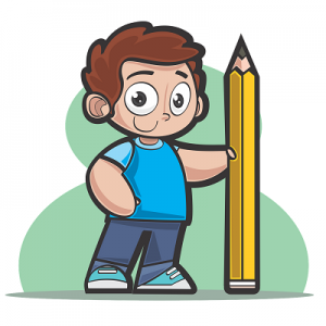 Cartoon image of a young boy holding a giant pencil.
