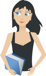 Cartoon image of a young woman with a book.