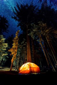 Image of a tent in the forest under the stars.