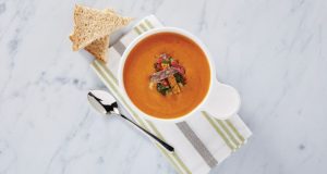 Image of Red Pepper Chickpea Soup with Gazpacho Relish and Tortilla Croutons.