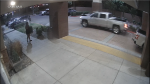 Image of Shawn Ginder's truck, with damaged front end, at the La Quinta Inn in Fresno.