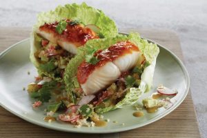 Image of Spicy Alaska Sablefish in Lettuce Cups. 