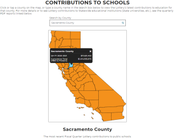 Image of the California Lottery's new interactive tool for tracking money to schools. 