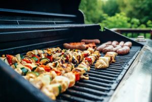 Image of chicken kebabs on the grill.