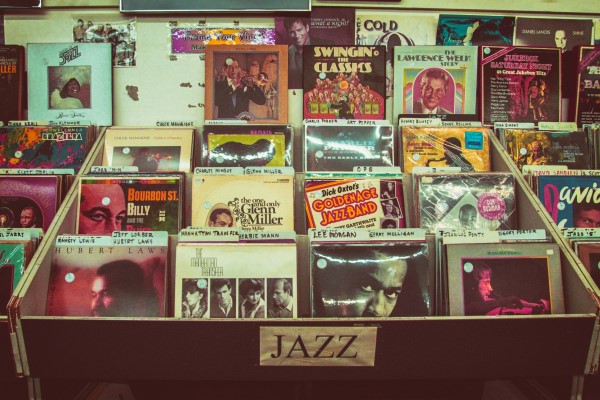 Image of the Jazz section in a used record shop. 