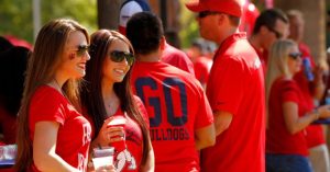 Image of Fresno State football fans at a tailgate party.