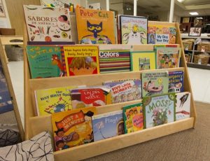 Image of a bookcase of children's books at the Joyce M. Huggins Early Education Center.