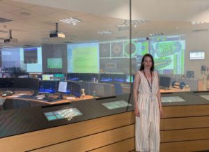Image of Fresno State physics student Valerie Bauxham working in the control room of the ATLAS experiment at CERN in Geneva, Switzerland.
