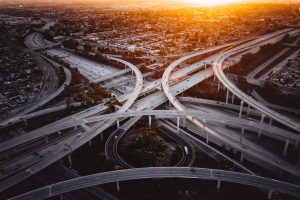 Image of a cloverleaf freeway interchange in Los Angeles.