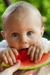 Image of a little baby eating watermelon. 