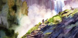 Image of a water color painting of the mist trail in Yosemite. Shows a couple of people walking the steps next to the misty waterfalls