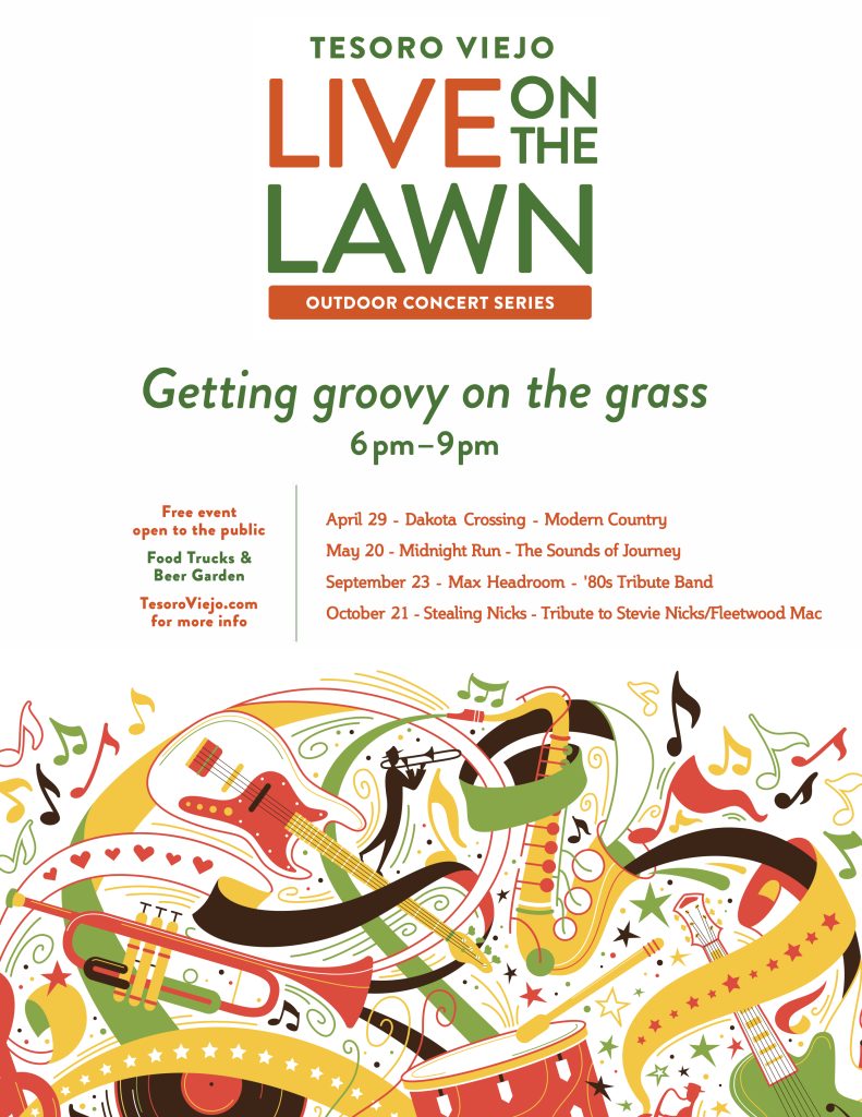 Image of flyer saying Live on the lawn concert series. Getting groovy on the grass