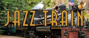 Image of Jazz Train text in front of a big train in the wilderness