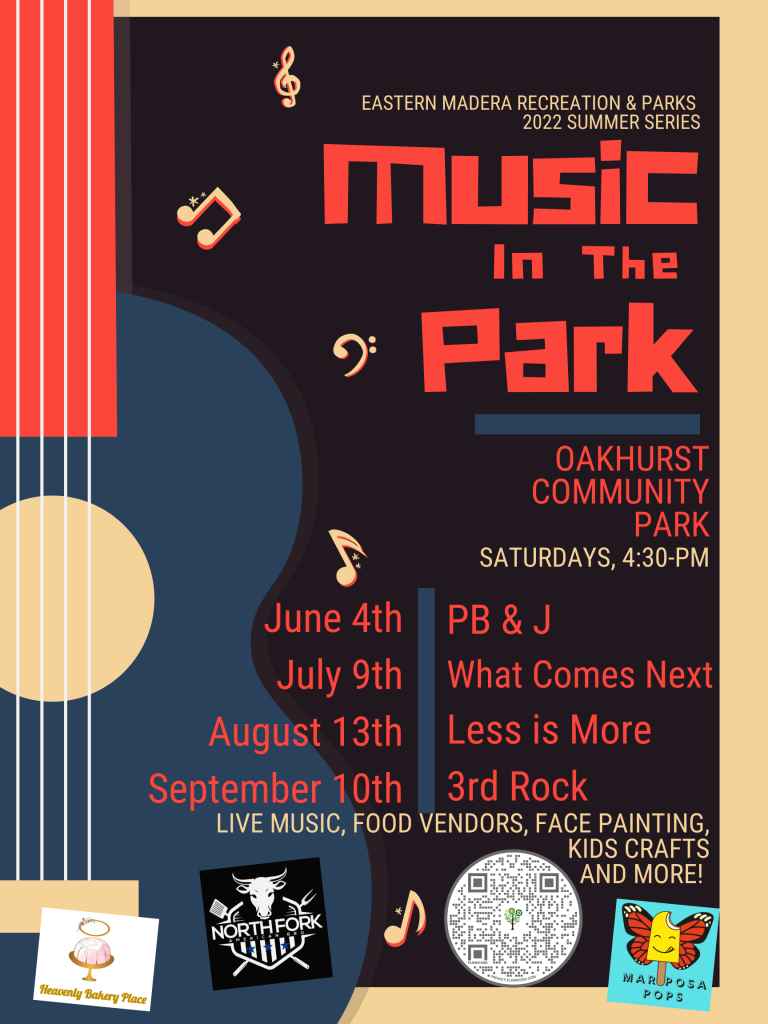 Image of a poster with information about the music in the park. Oakhurst Community Park, Saturdays, 4:30pm. Old dates, but the last one is the September 10th show of 3rd Rock. Live music, food vendors, face painting, kids crafts and more!
