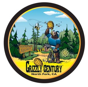 Image of a logo for Grizzle Century North Fork CA. Shows a cartoon of a bear on a bike guzzling honey