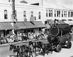 Image of black and white old timers parade. a man on top of three huge logs in a carriage being pulled by 4 horses