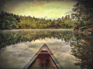 Image of someones view of being in a canoe on a lake with the reflection of the trees