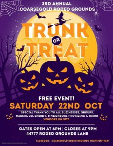 Image of a flyer for trunk or treat at the coarsgold rodeo grounds