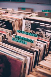 Image of jazz albums in a record store.