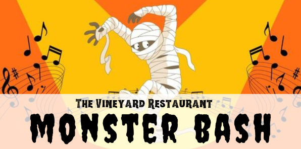 FLyer for the monster bash. Image of a mummy dancing