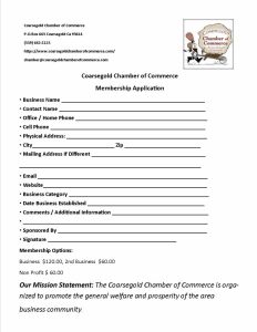 Image of the Coarsegold Chamber of Commerce membership application.