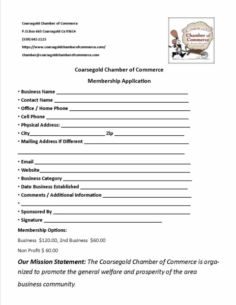 Image of the Coarsegold Chamber of Commerce membership application.