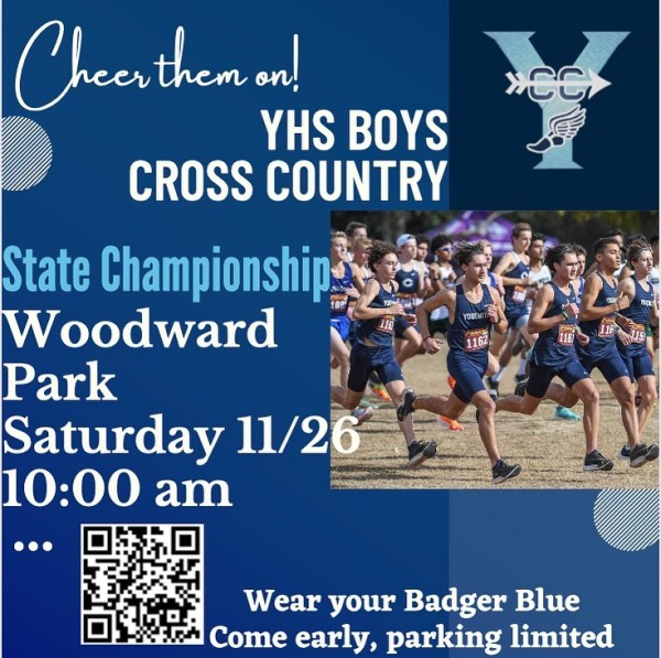 Image of the flyer for the YHS boys' cross country team race at Woodward Park.