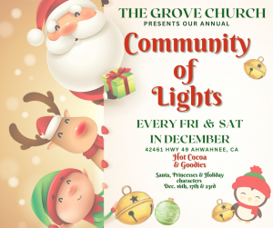 FLyer for the grove church community of lights. Shows a cartoon santa, reindeer, and a elf
