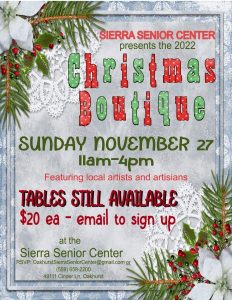 Image of the flyer for the Christmas Boutique at the Sierra Senior Center.