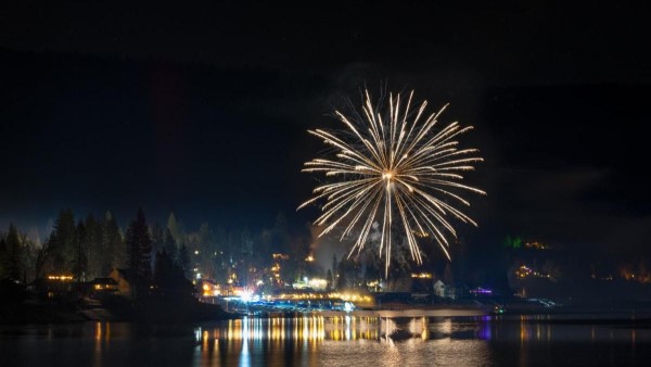 Image of a fireworks display over Bass Lake.