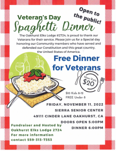 Flyer for veterans day spaghetti dinner