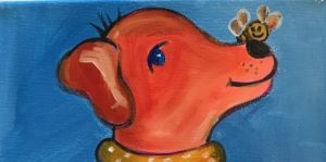 Image of a painting by a kid. Looks like clifford the big red dog with a bee on his nose