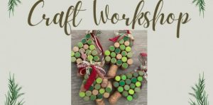 Flyer for craft workshop at idle hour. shows Christmas trees made out of wine corks.