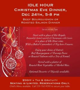 Image of the Idle Hour Winery & Kitchen Christmas Eve Dinner menu. 